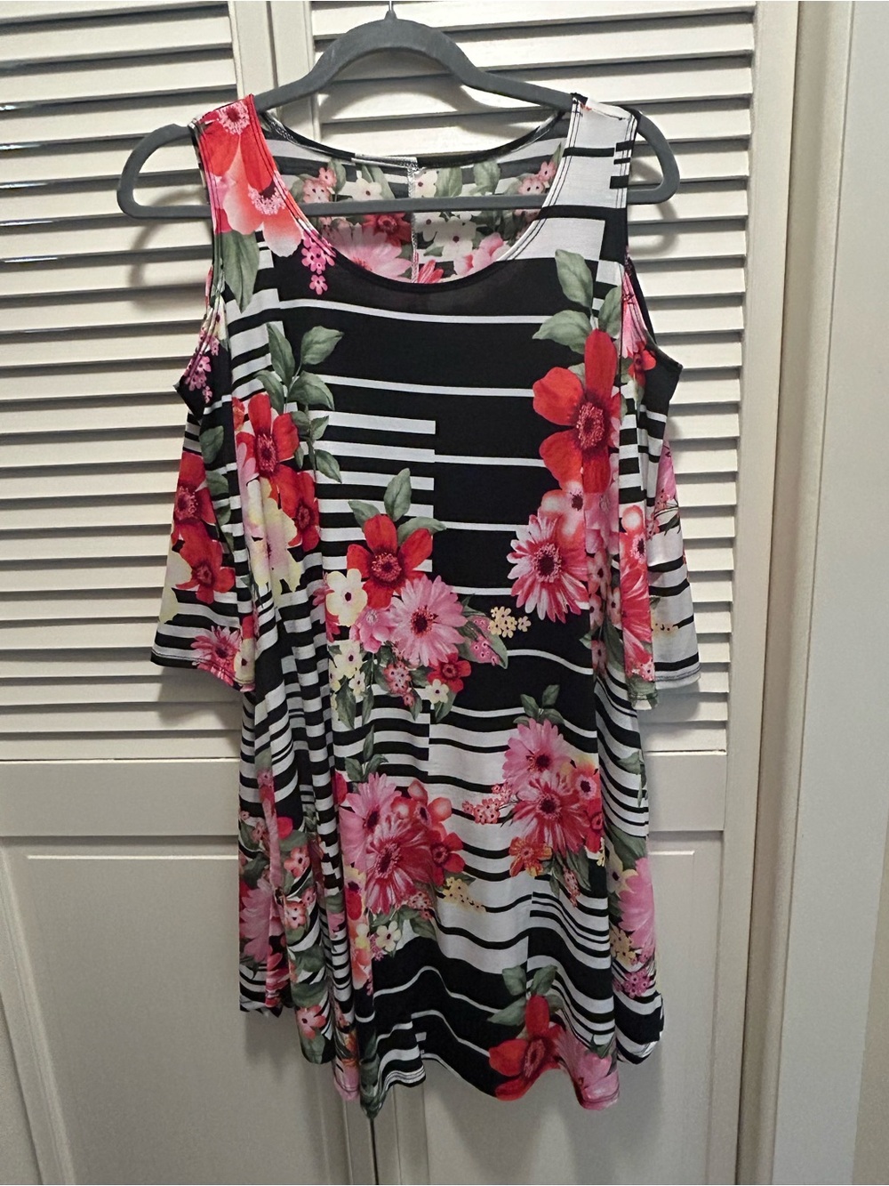 Women's Black Striped Floral Cold-Shoulder Top